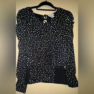 Carmen Marc Valvo Black and White Ruffled Long Sleeve Blouse